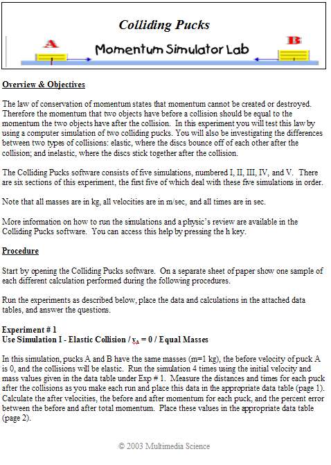 sample page from colliding pucks momentum lab