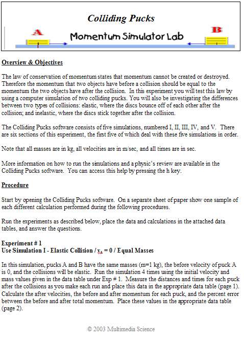 sample page from colliding pucks momentum lab